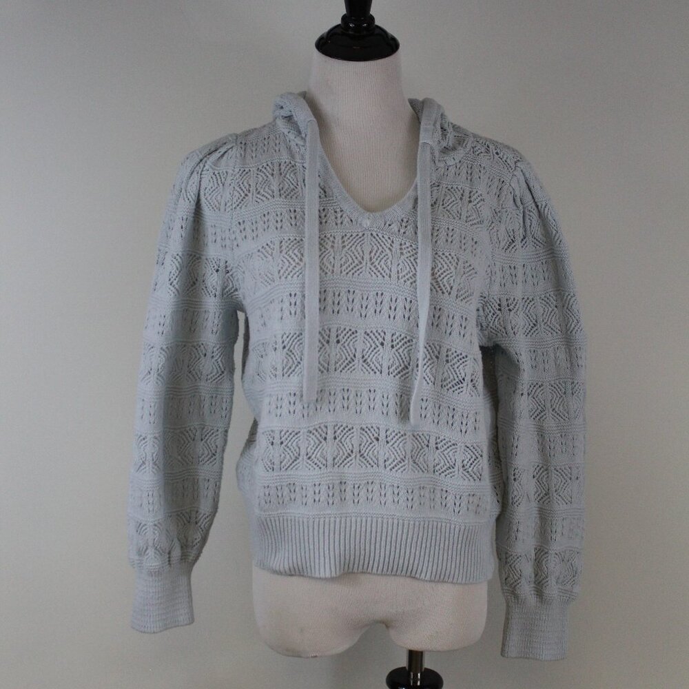 LC Lauren Conrad Blue Crochet Hooded‎ Sweater L Boho Cottagecore Knit Pullover